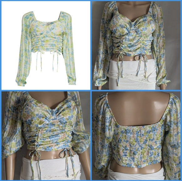 Madden NYC crop ruched top elasticized back padded cups balloon sleeves sz L - Picture 1 of 11